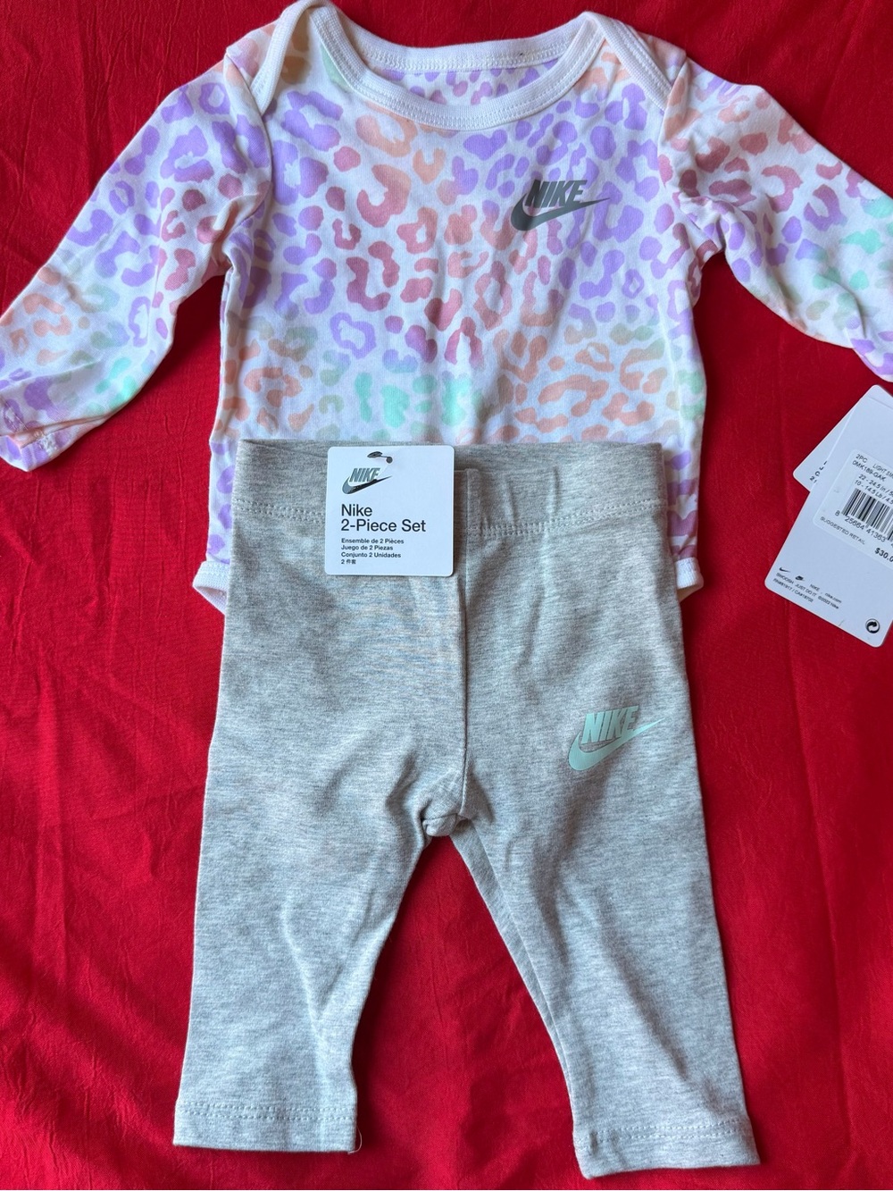Nike Pastel Leopard Print Long-Sleeve Bodysuit & Gray Leggings Set